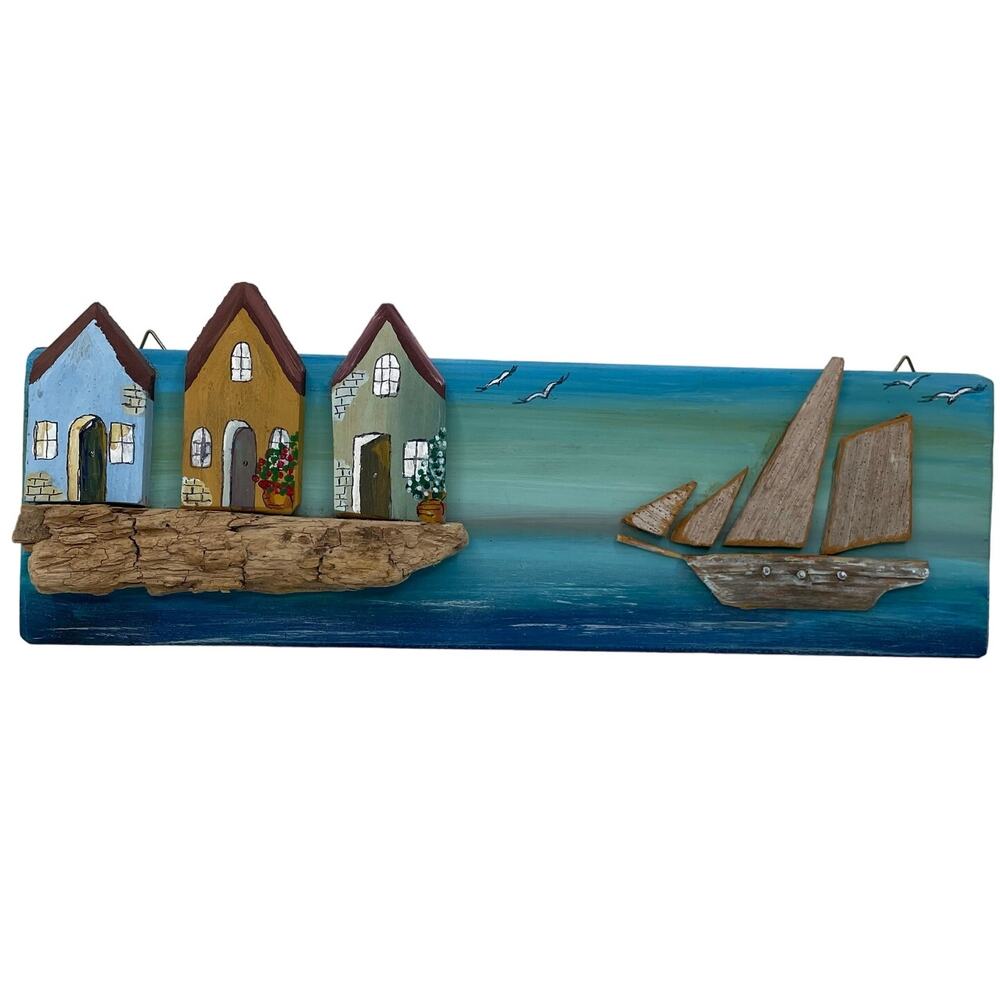Handcrafted and painted coastal beach scene driftwood 3D Wall Decor